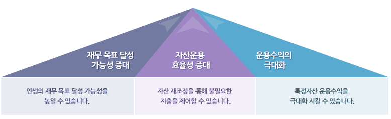 재무 목표 달성 가능성 증대 : 인생의 재무 목표 달성 가능성을 높일 수 있습니다. 
자산운용 효율성 증대 : 자산 재조정을 통해 불필요한 지출을 제어할 수 있습니다.
운용수익의 극대화 : 특정자산 운용수익을 극대화 시킬 수 있습니다.
